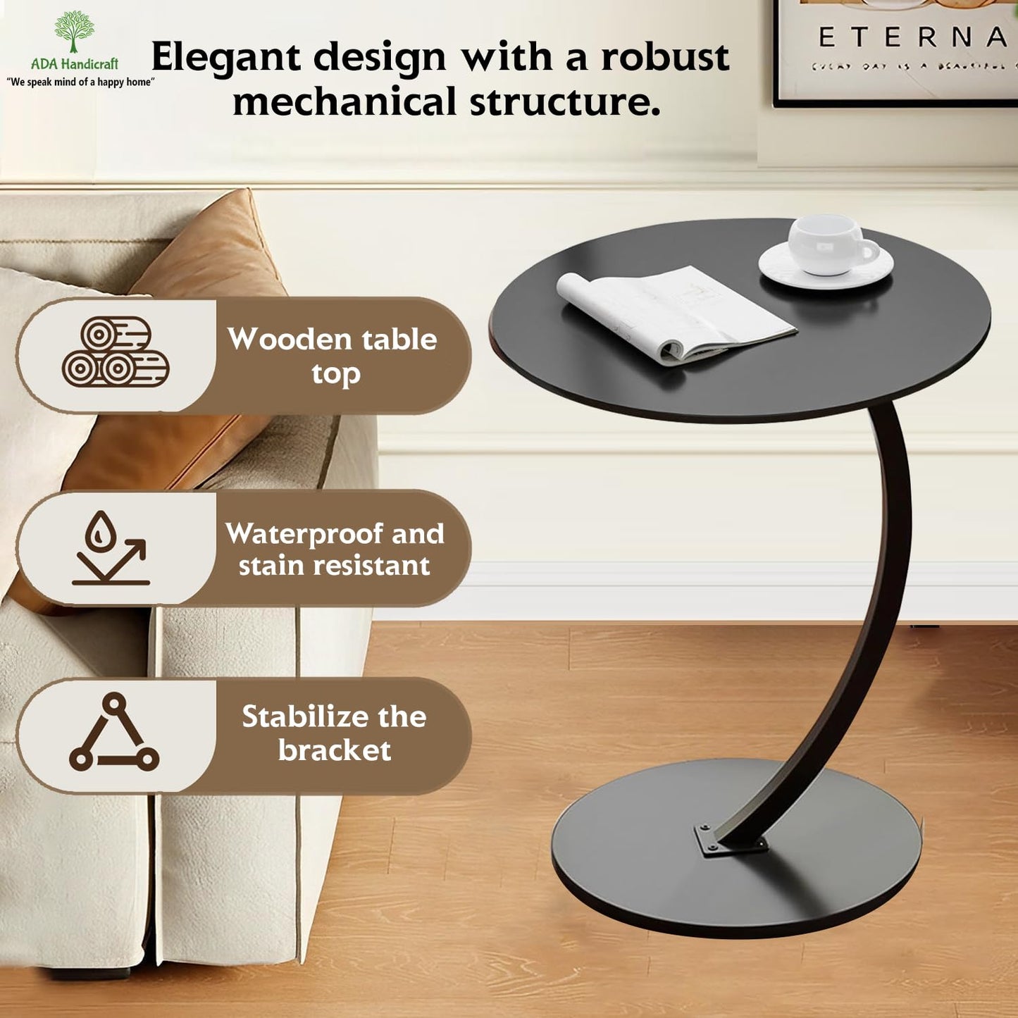 Round Side Table for Small Spaces, Modern Wooden Accent Table, Sofa & Bedside Table
