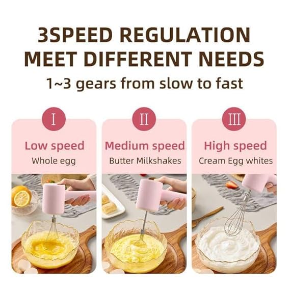 3in1 Wireless Electric Hand Mixer, 3-Speed USB Rechargeable Hand Blender for Food, Portable Electric Whisk Cordless Double Egg Sticks Mini Handheld Mixer for Egg Beater Baking & Cooking