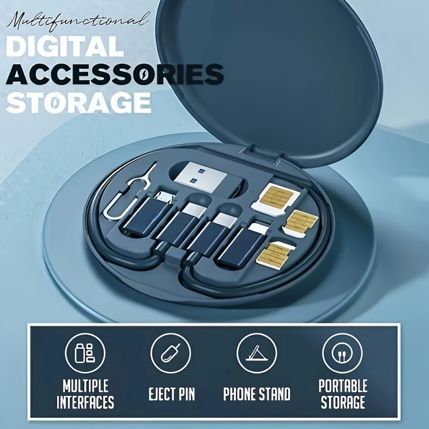 9 in 1 USB Adapter Multicharging Cable Case, Multi-Functional Compact Card, 60W Fast Charge USB Type-C Micro Cable (2PCS-G)