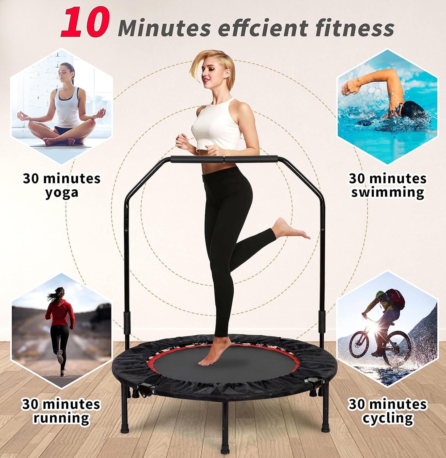 Mini Trampoline with Rebounder with Adjustable Foam Handle,Exercise Fitness Trampoline