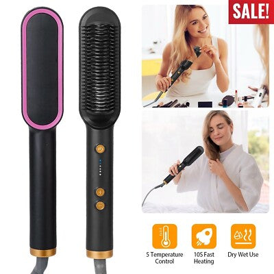 Hair Straightener Brush, Flat Iron Comb, 5 Temp Settings & 20s Fast Heating, Dual Voltage